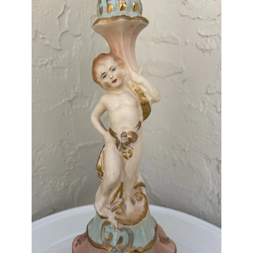 Automax Ny Mid Century cherub figure Porcelain Table Lamp Hand Painted